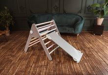 Afbeelding in Gallery-weergave laden, Wood & Hearts Klimdriehoek met glijbaan en klimwand - Grijs met pastel