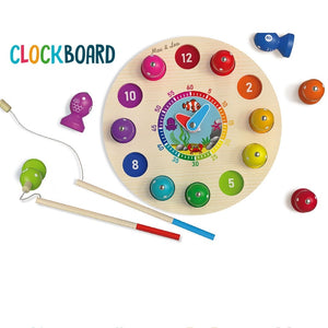 Met dit klokbord van Max & Lea kunnen kinderen leren klokkijken en vissen
